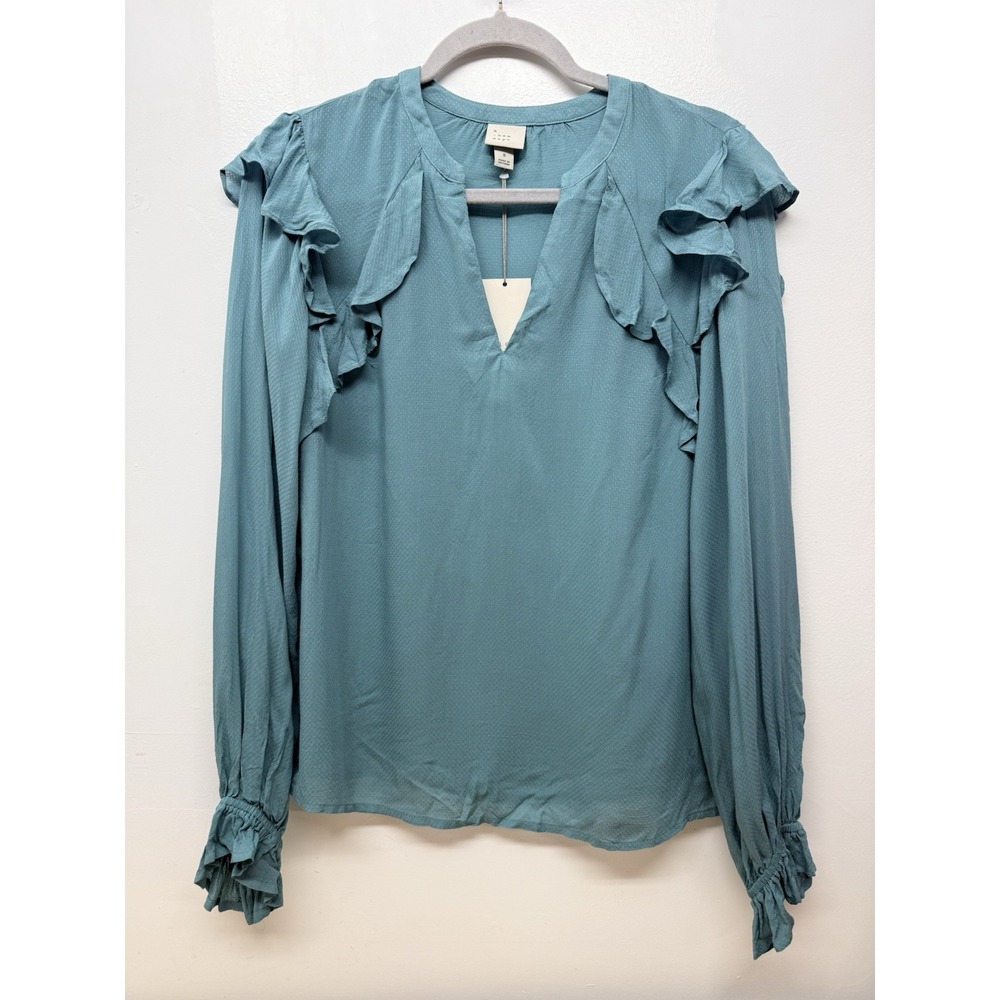 A New‎ Day Teal Ruffle Blouse Womens Small Long Sleeve Boho Top NWT #31